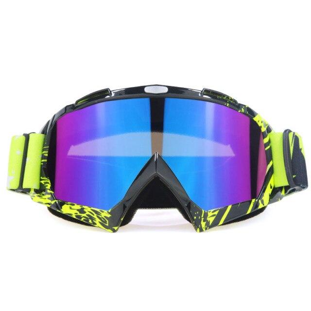 A pair of stylish snow sports skiing sunglasses with UV400 protection, featuring a multi-colored frame and polycarbonate lenses, ideal for outdoor activities.