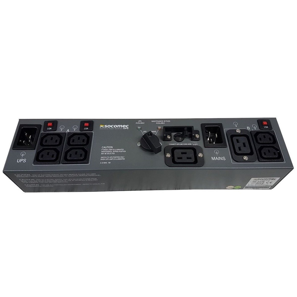 Socomec MBP+PDU maintenance bypass switch with 16A and 10A IEC outlets in a 2U rack mount design.