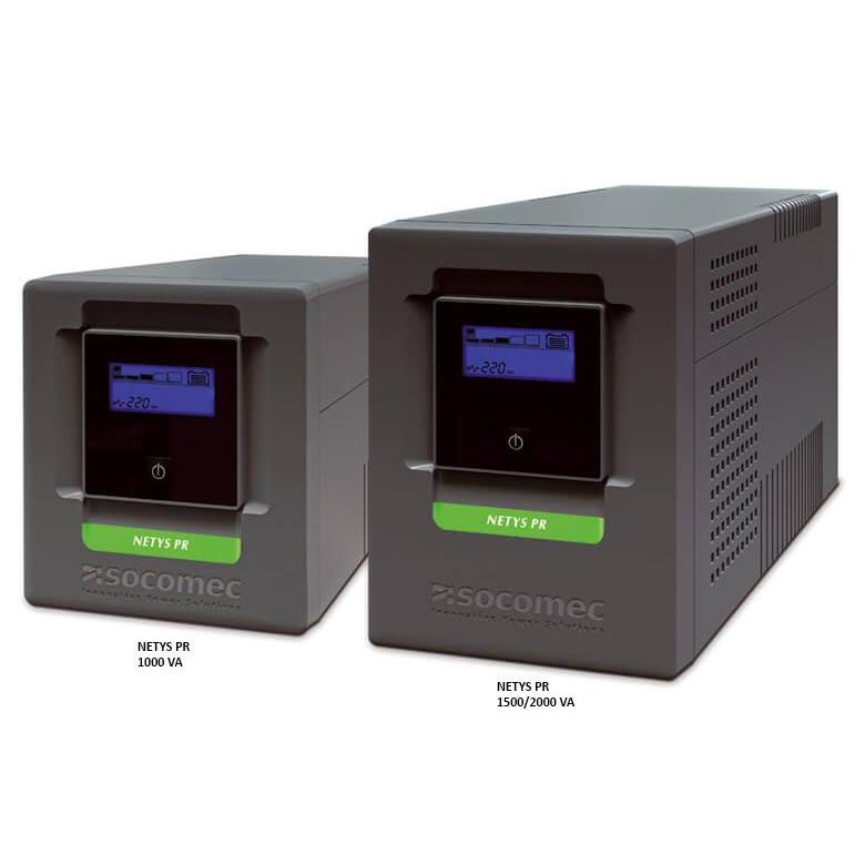 Socomec Netys UPS PR MT 1000VA Mini Tower with multiple IEC outlets and LCD control panel.