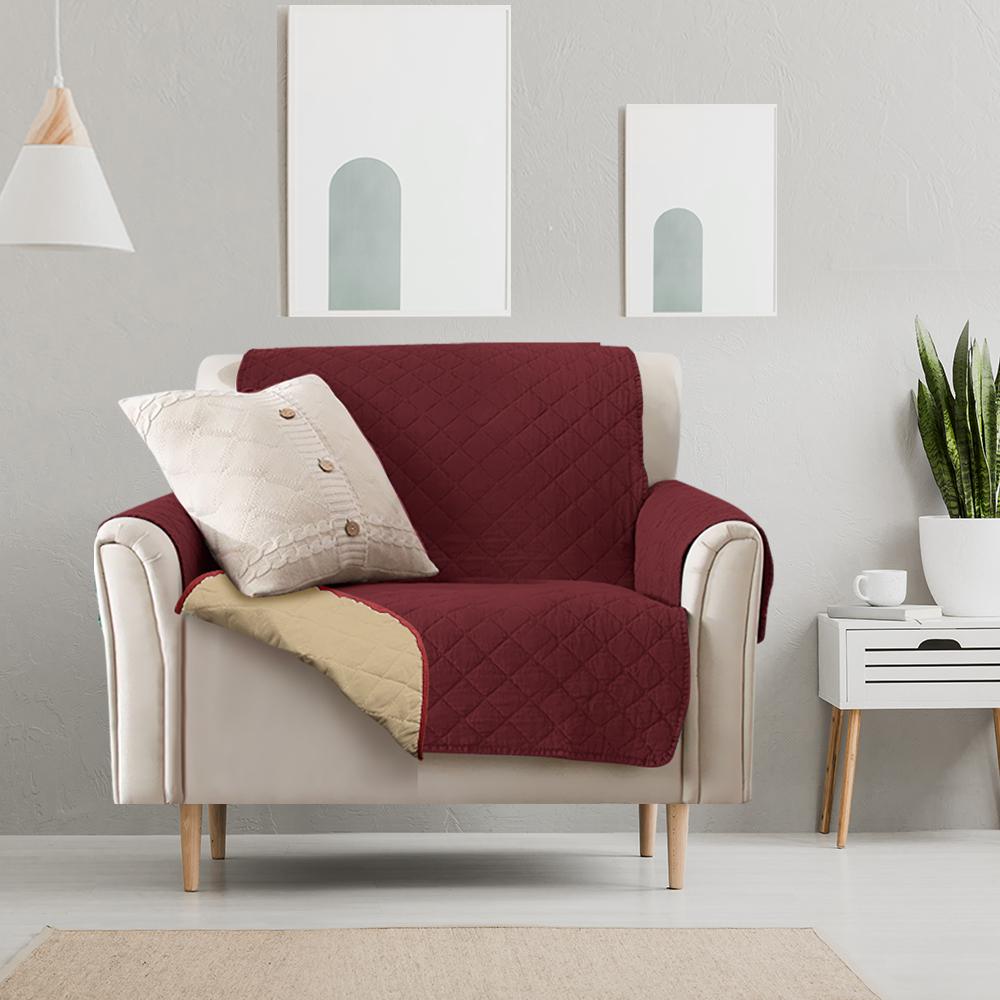 Beige quilted sofa cover protector, waterproof and stylish, designed for comfort and durability.
