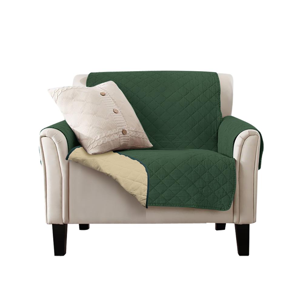 Waterproof quilted sofa cover in coffee color, designed for protection and style, featuring delicate edges and anti-slip backing.