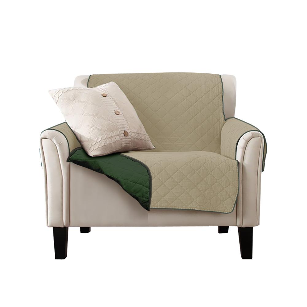 Waterproof quilted sofa cover in coffee color, designed for protection and style, featuring delicate edges and anti-slip backing.