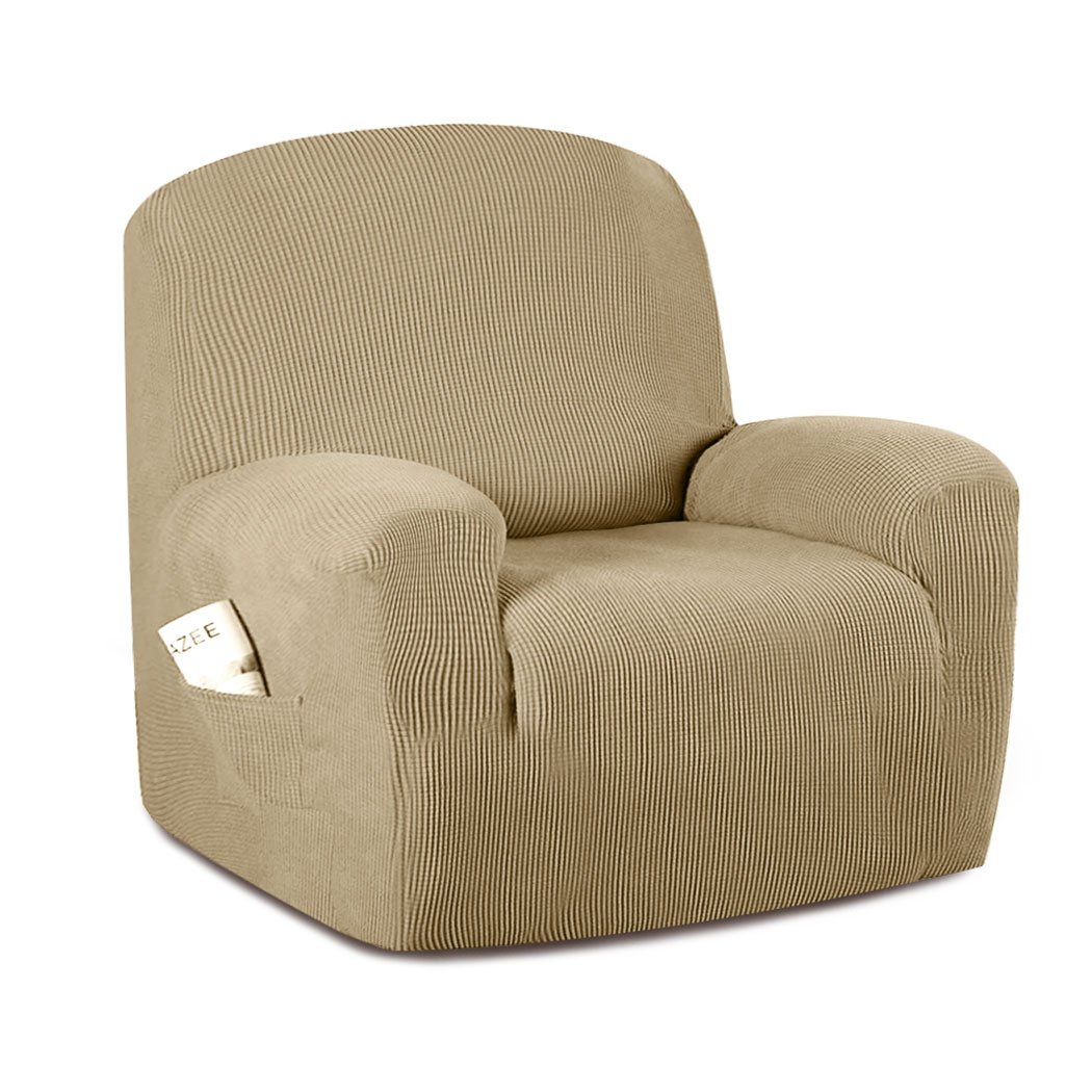 Stretchable sofa cover recliner chair protector in sand color, designed for durability and easy maintenance.
