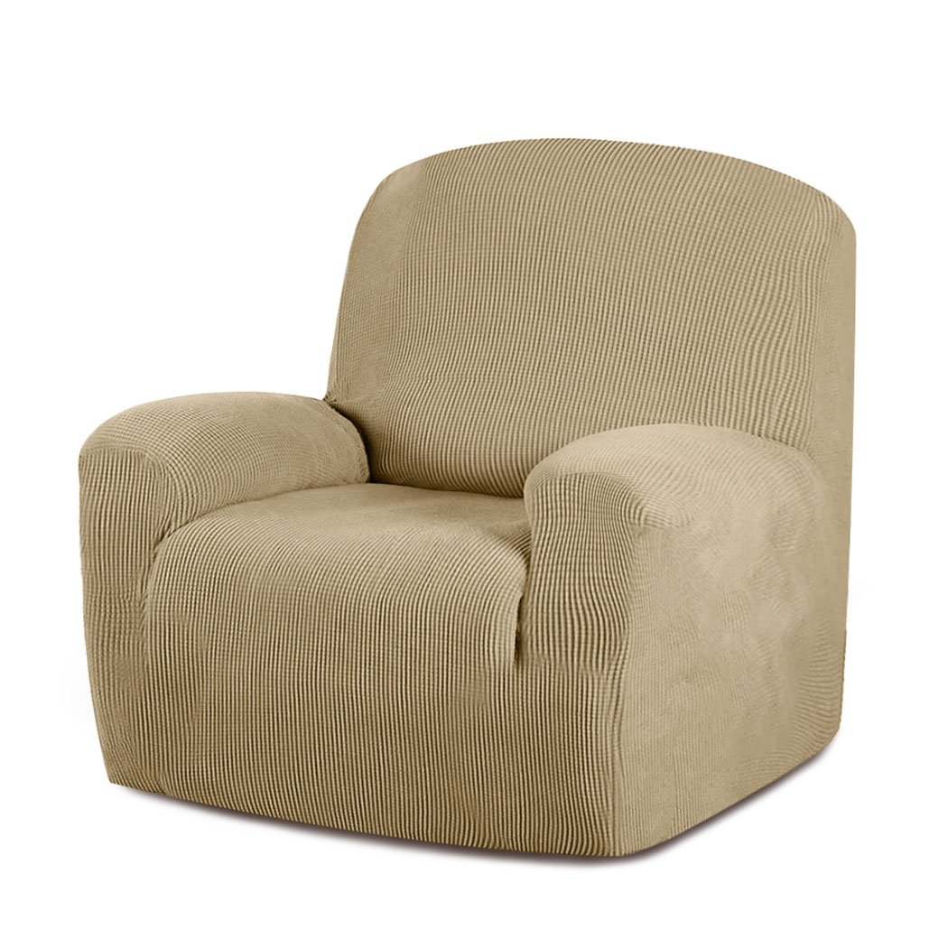 Stretchable sofa cover recliner chair protector in sand color, designed for durability and easy maintenance.