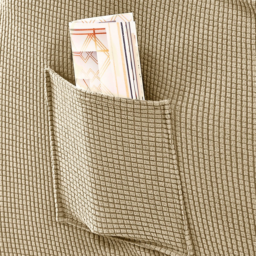 Stretchable sofa cover recliner chair protector in sand color, designed for durability and easy maintenance.