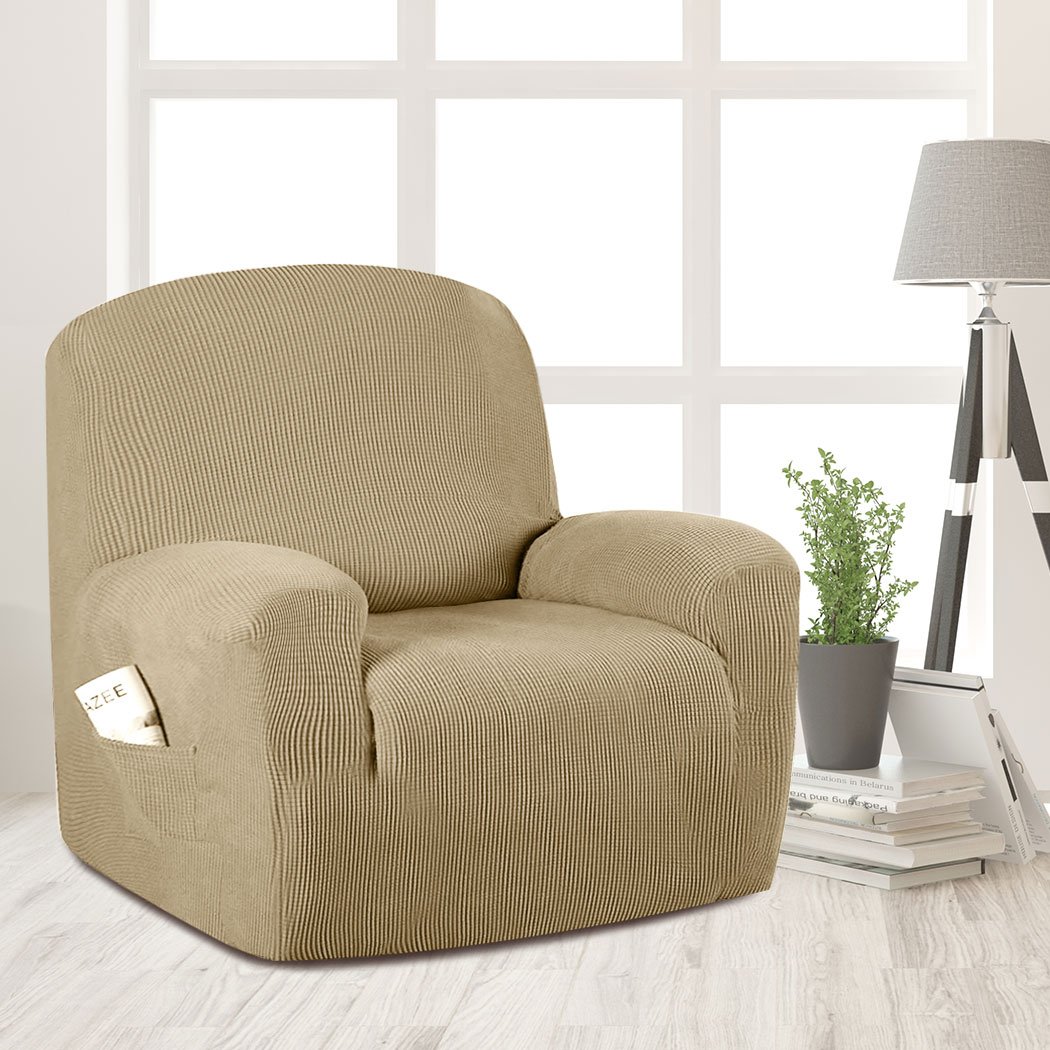 Stretchable sofa cover recliner chair protector in sand color, designed for durability and easy maintenance.