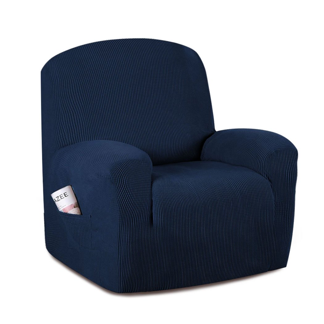 Navy stretchable recliner chair cover providing full protection and comfort.