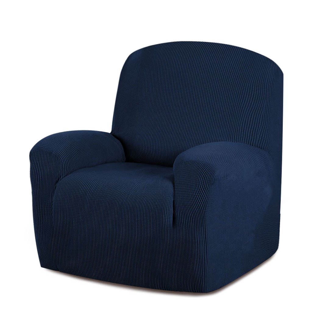 Navy stretchable recliner chair cover providing full protection and comfort.