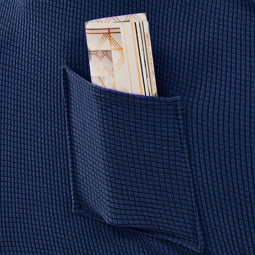 Navy stretchable recliner chair cover providing full protection and comfort.