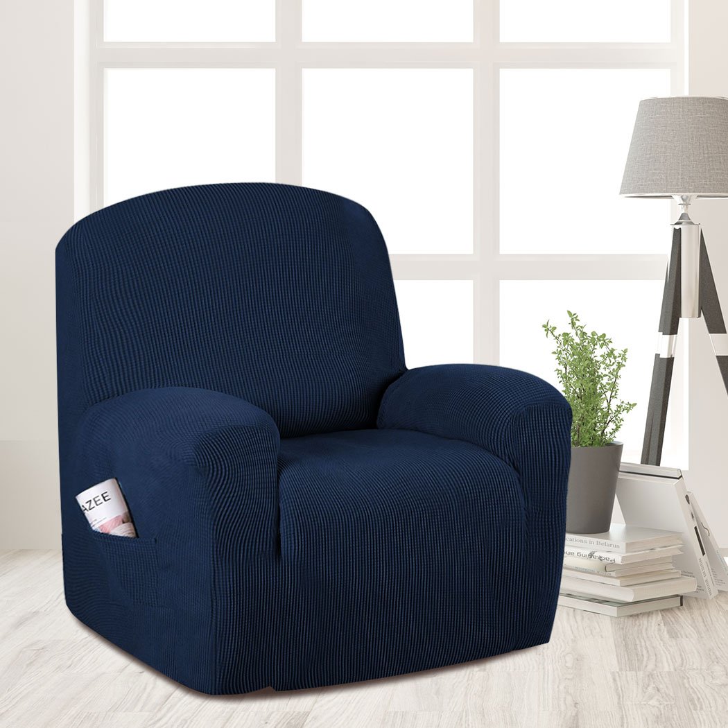 Navy stretchable recliner chair cover providing full protection and comfort.