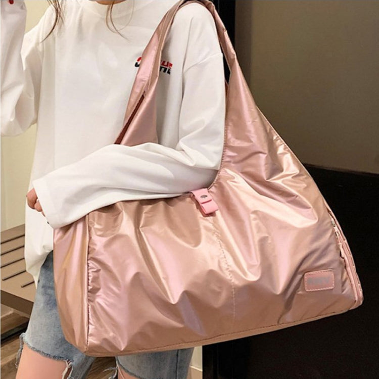 Soft Nylon Cloth Shoulder Sports Gym Yoga Handbag in Rose Gold, showcasing its spacious design and durable nylon material.