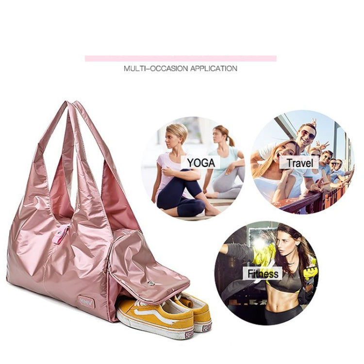 Soft Nylon Cloth Shoulder Sports Gym Yoga Handbag in Rose Gold, showcasing its spacious design and durable nylon material.