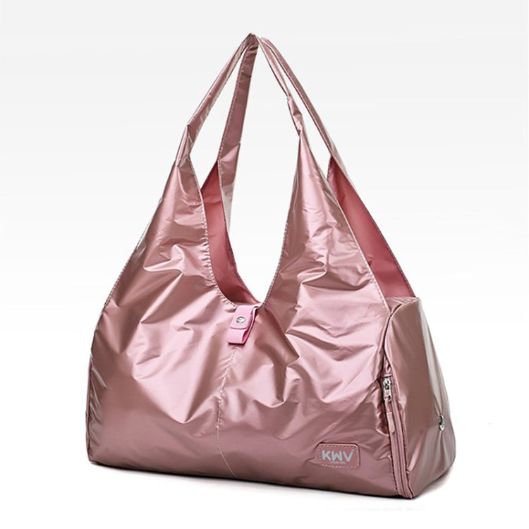 Soft Nylon Cloth Shoulder Sports Gym Yoga Handbag in Rose Gold, showcasing its spacious design and durable nylon material.