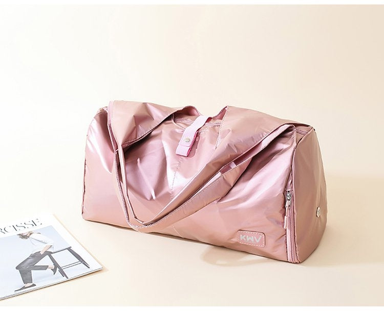 Soft Nylon Cloth Shoulder Sports Gym Yoga Handbag in Rose Gold, showcasing its spacious design and durable nylon material.