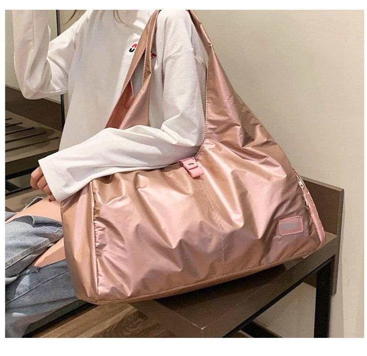 Soft Nylon Cloth Shoulder Sports Gym Yoga Handbag in Rose Gold, showcasing its spacious design and durable nylon material.