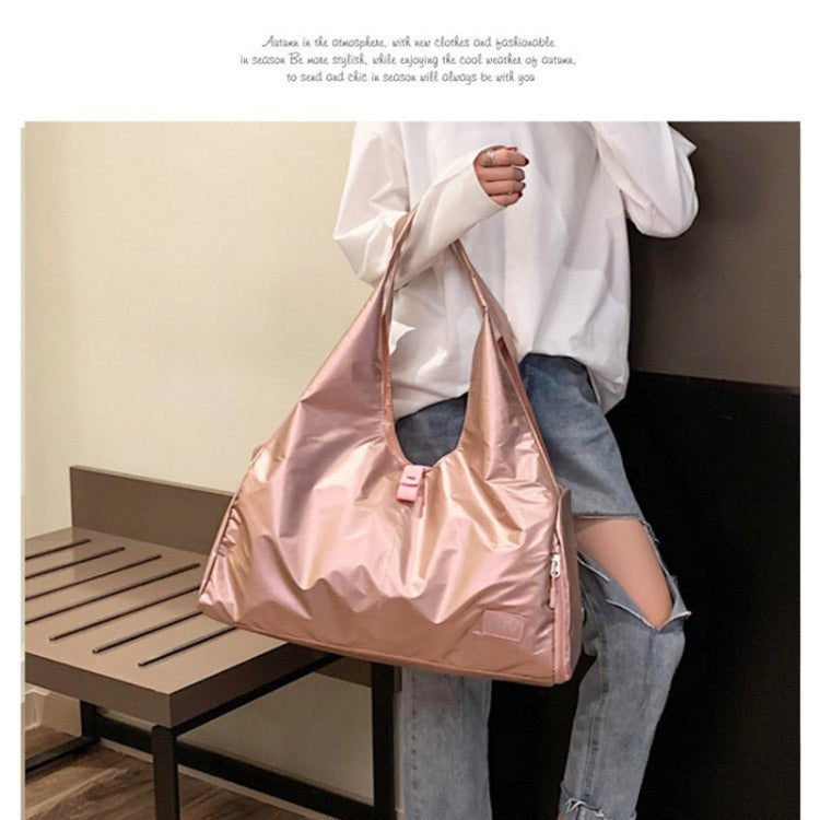 Soft Nylon Cloth Shoulder Sports Gym Yoga Handbag in Rose Gold, showcasing its spacious design and durable nylon material.