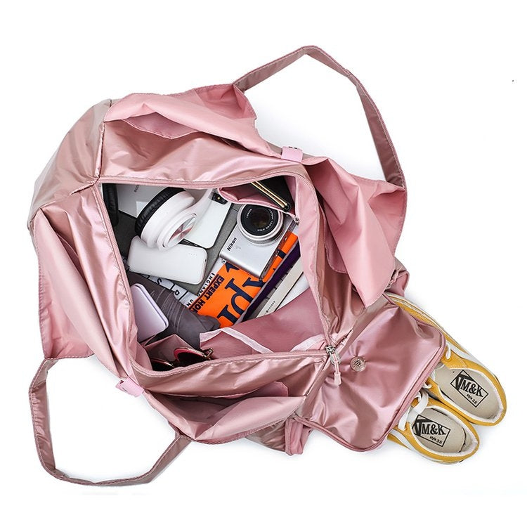 Soft Nylon Cloth Shoulder Sports Gym Yoga Handbag in Rose Gold, showcasing its spacious design and durable nylon material.