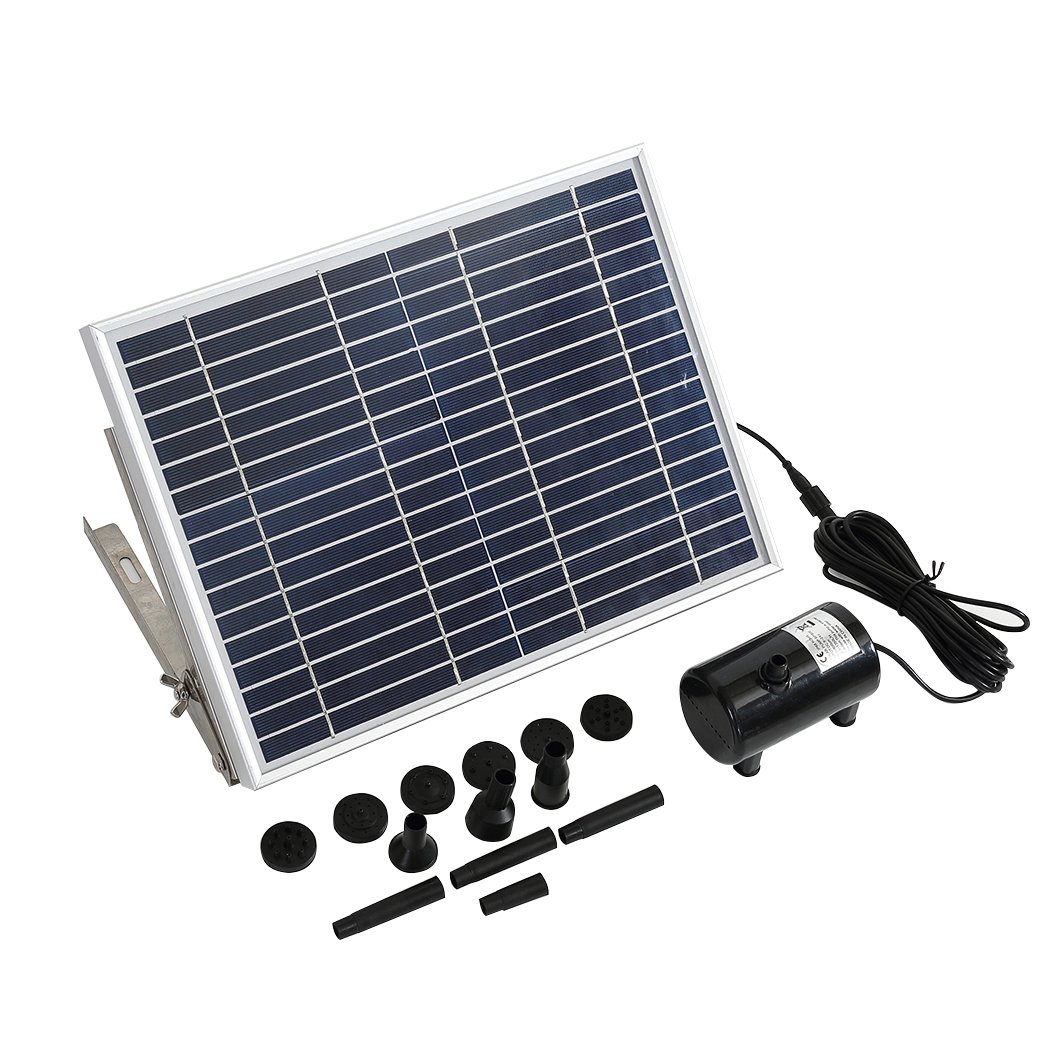 Solar Fountain Water Pump Kit with solar panel, nozzles, and pump components, designed for outdoor garden use.