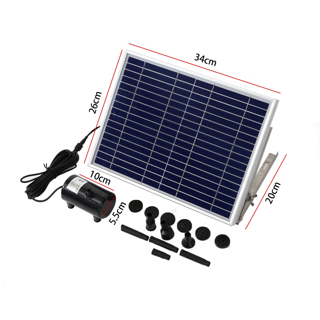 Solar Fountain Water Pump Kit with solar panel, nozzles, and pump components, designed for outdoor garden use.