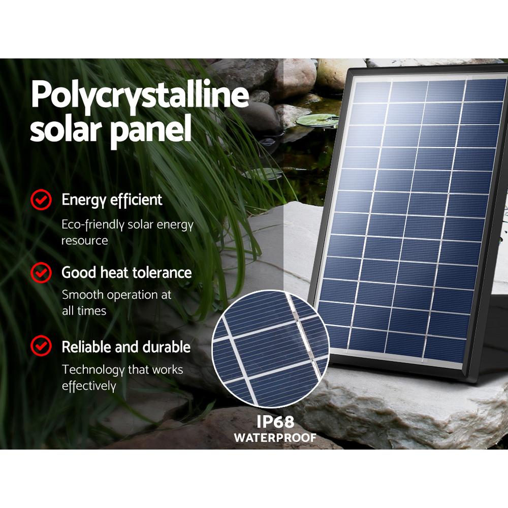 Solar Pond Pump Kit with solar panel and water pump for garden bird bath, showcasing a beautiful water display.