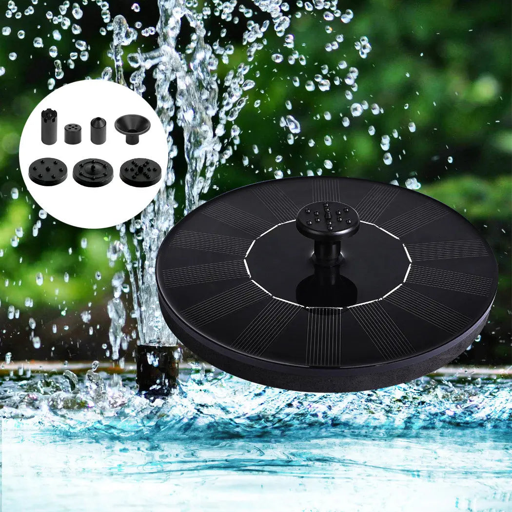 Solar Powered Water Fountain with LED lights and multiple nozzles, designed for garden ponds and pools.