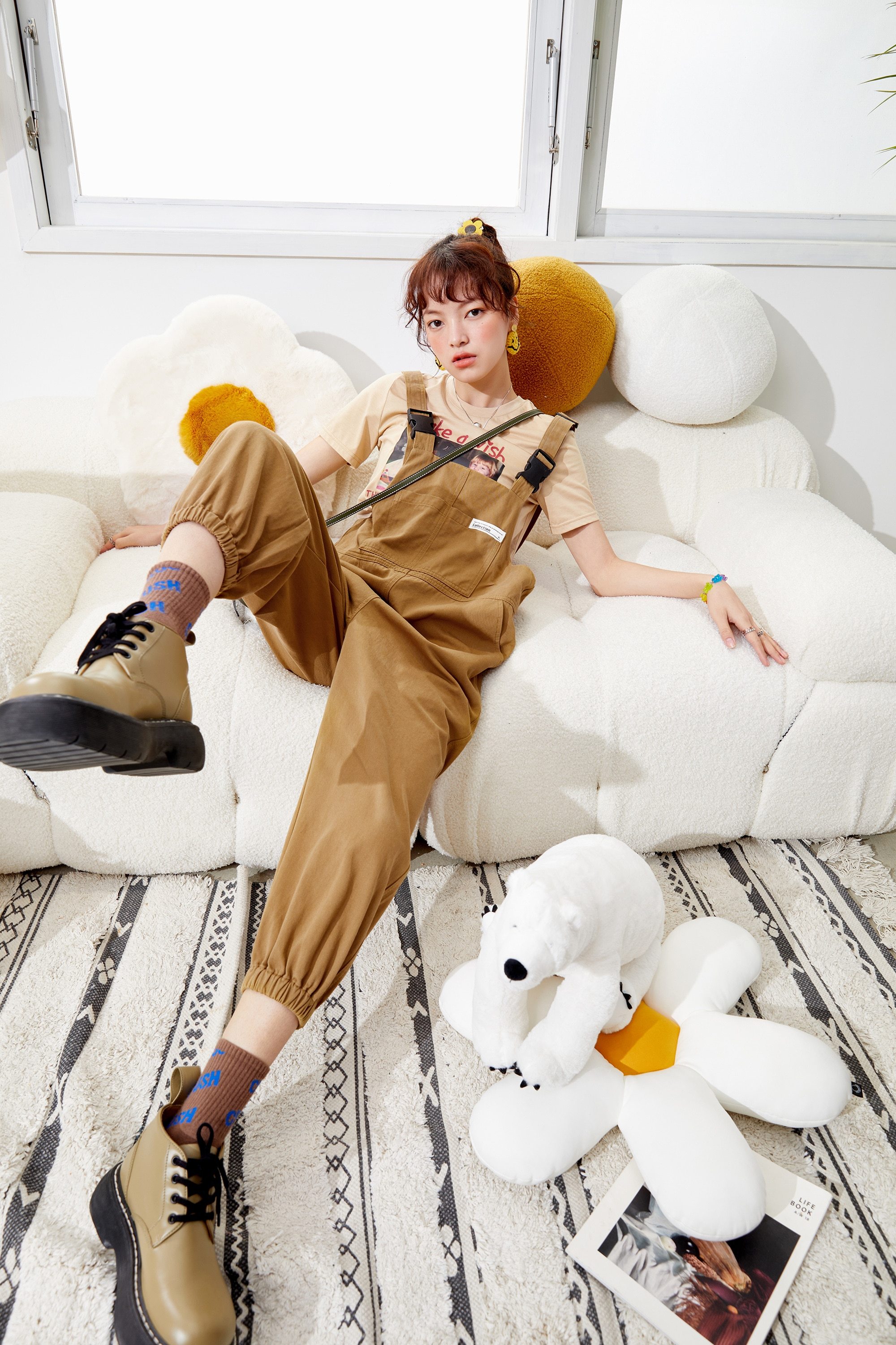 Solid letter applique casual women overall pants in high waist style, featuring pockets and a straight leg design, perfect for summer wear.