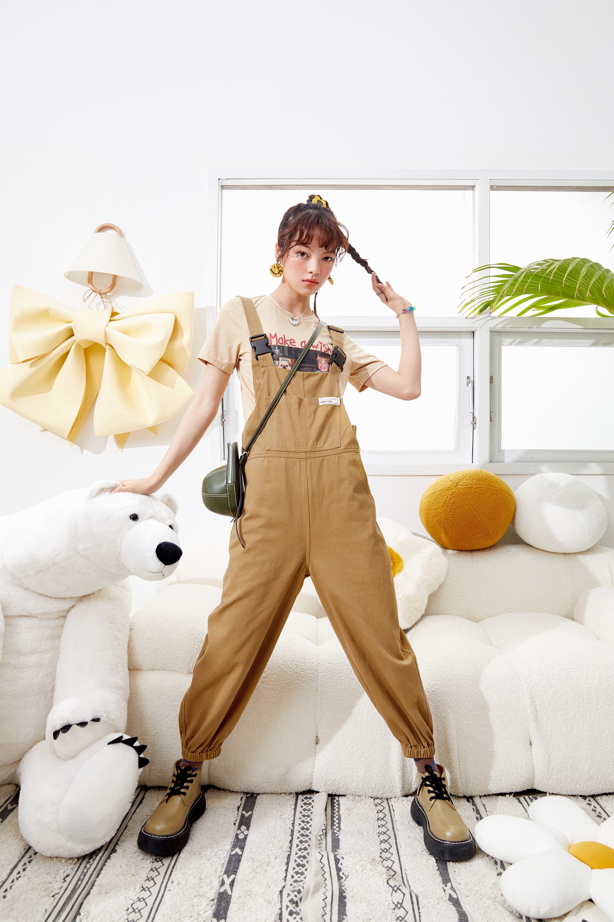 Solid letter applique casual women overall pants in high waist style, featuring pockets and a straight leg design, perfect for summer wear.