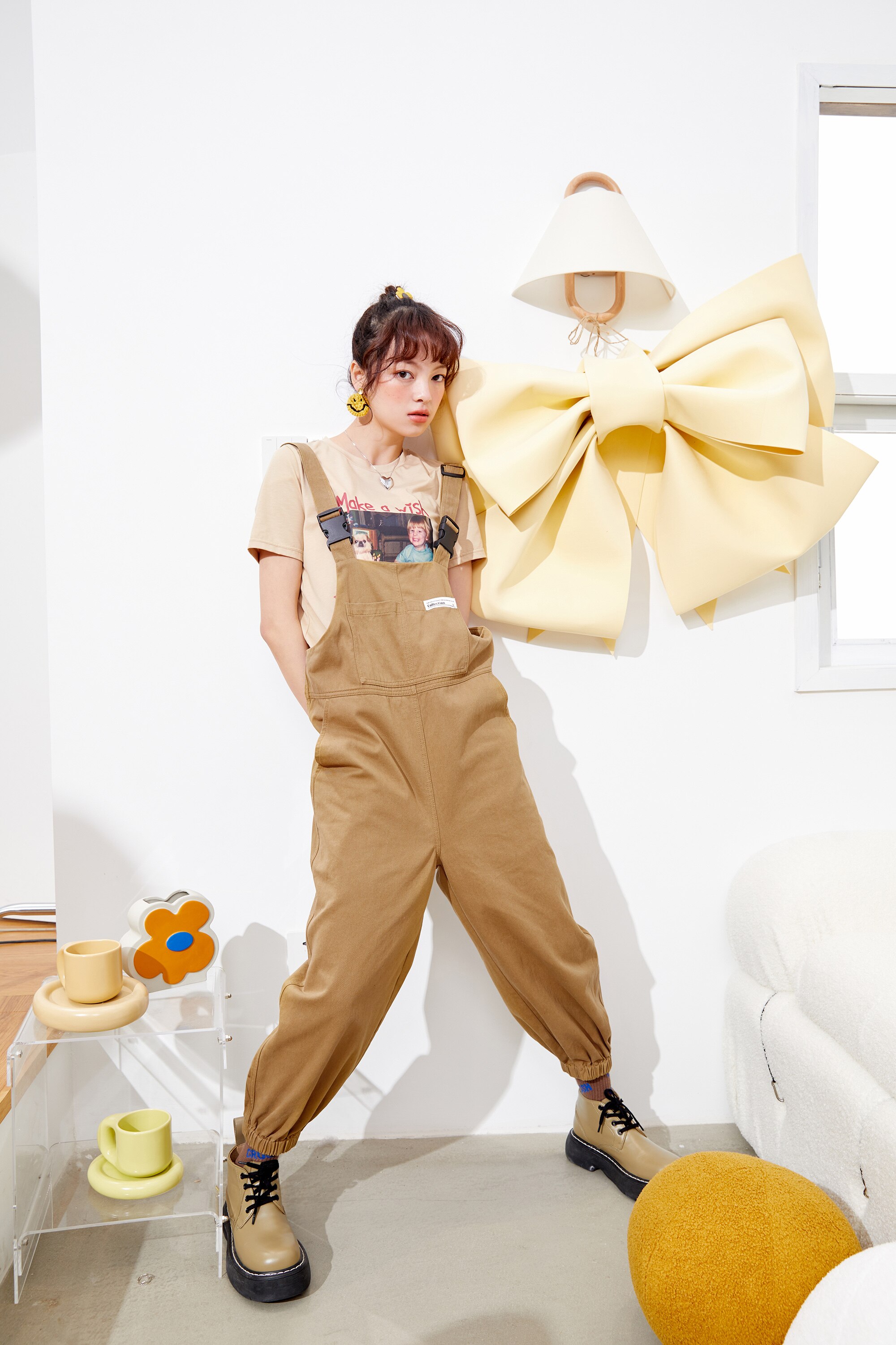 Solid letter applique casual women overall pants in high waist style, featuring pockets and a straight leg design, perfect for summer wear.