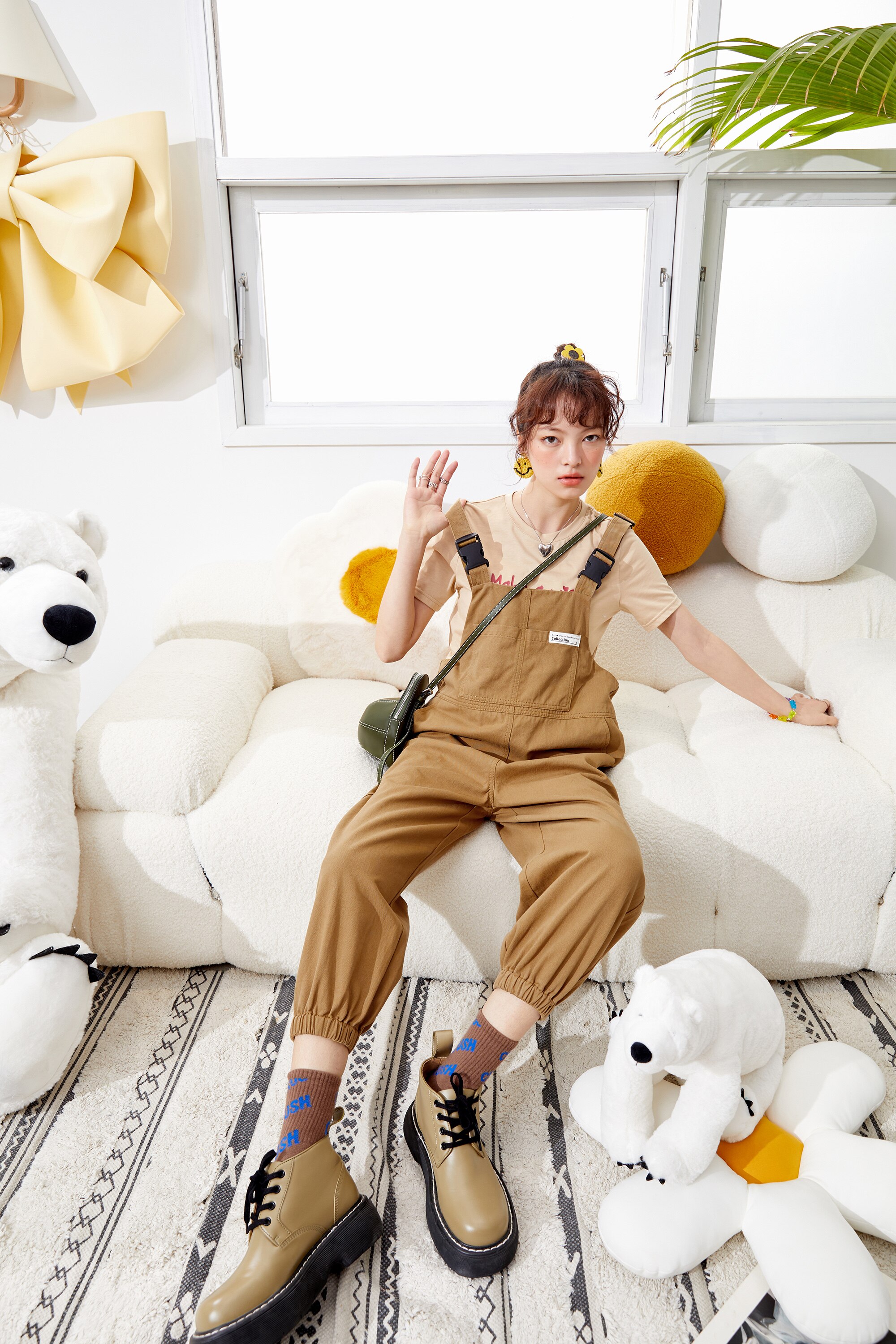 Solid letter applique casual women overall pants in high waist style, featuring pockets and a straight leg design, perfect for summer wear.