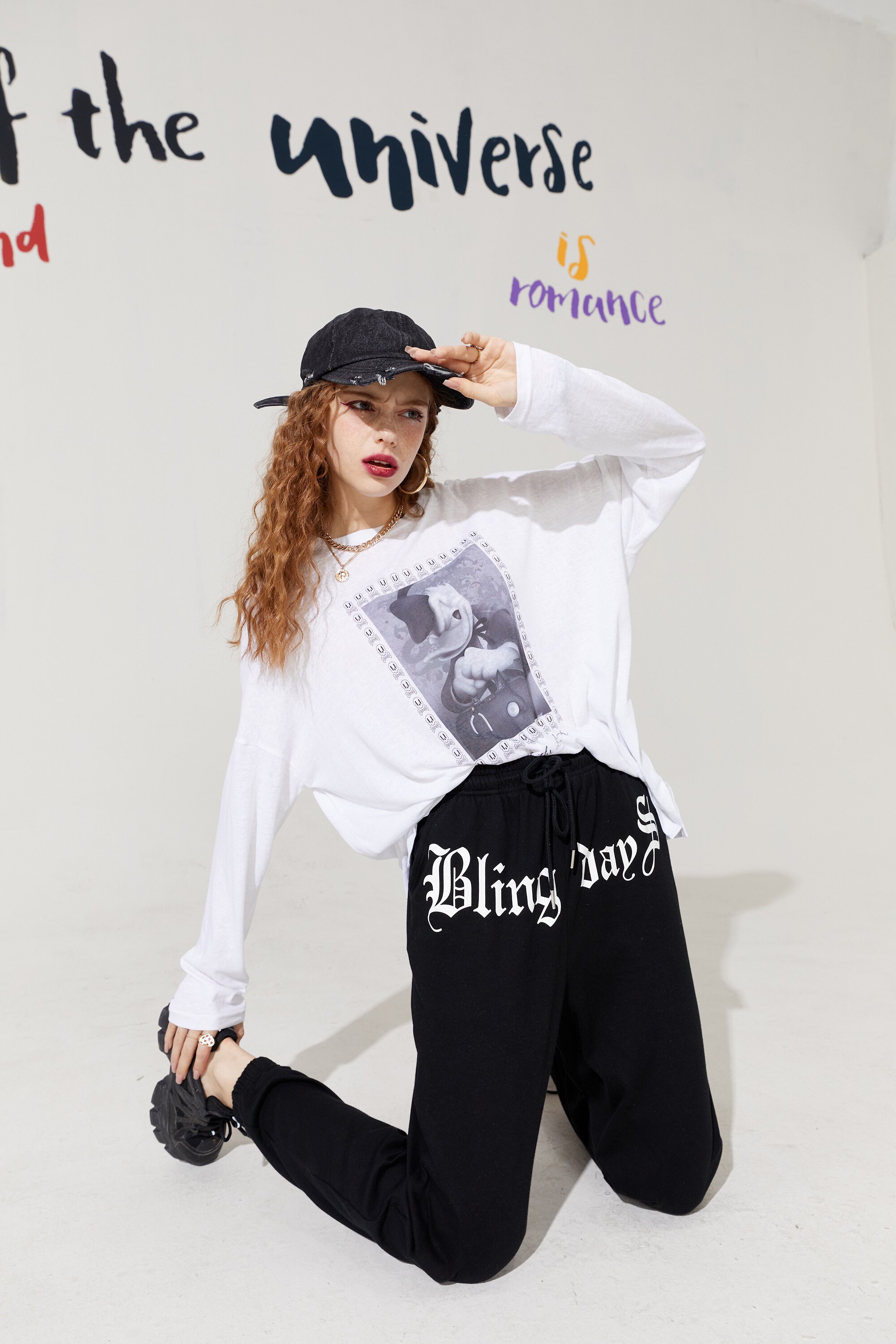 Solid Letter High Waist Straight Casual Women Harem Trouser in a stylish autumn setting, showcasing its high waist and comfortable fit.