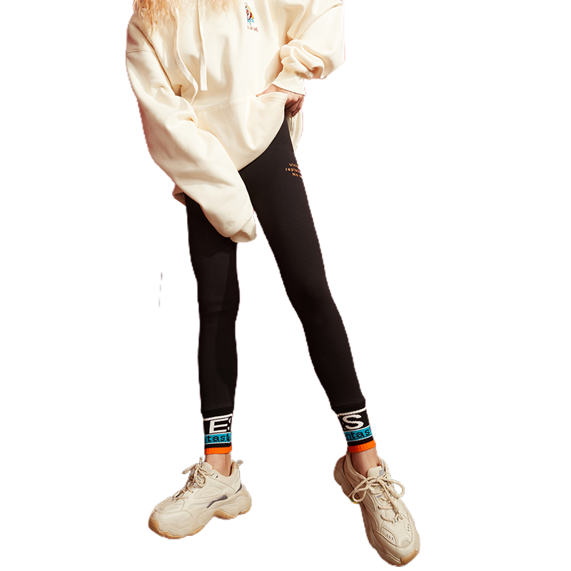 Solid Letter Print Minimalist Skinny Women Legging Pants in black and gray, featuring a high elastic waist and a sleek skinny fit.