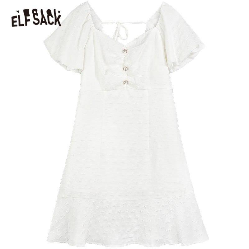 A stylish Solid Pure Casual Chic Button Party Dress for women featuring a backless design and puff sleeves, available in black and white.