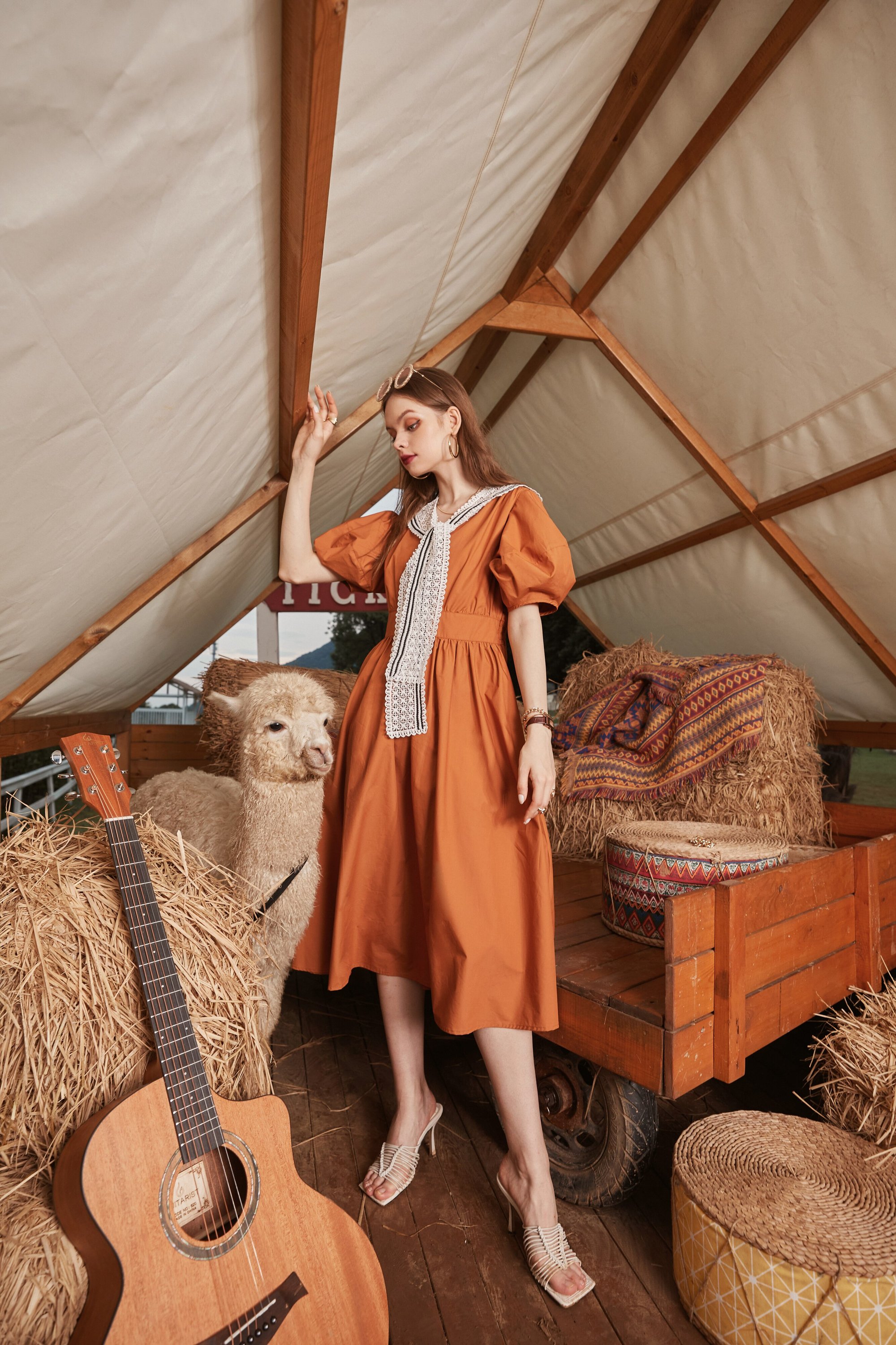 A stylish Solid Pure Casual Chic Vintage Dress for women featuring puff sleeves and a high waist design, perfect for summer parties.