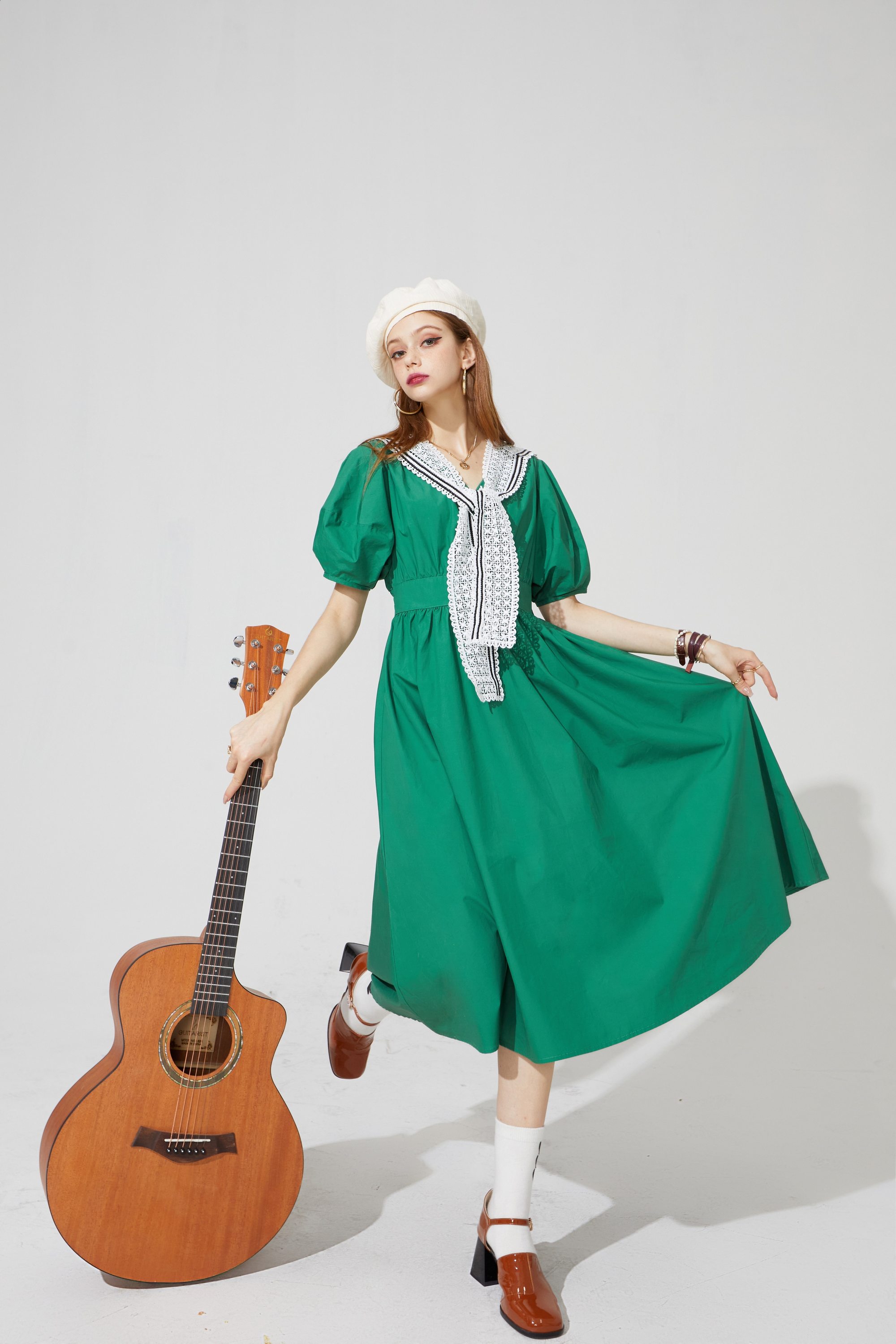 A stylish Solid Pure Casual Chic Vintage Dress for women featuring puff sleeves and a high waist design, perfect for summer parties.