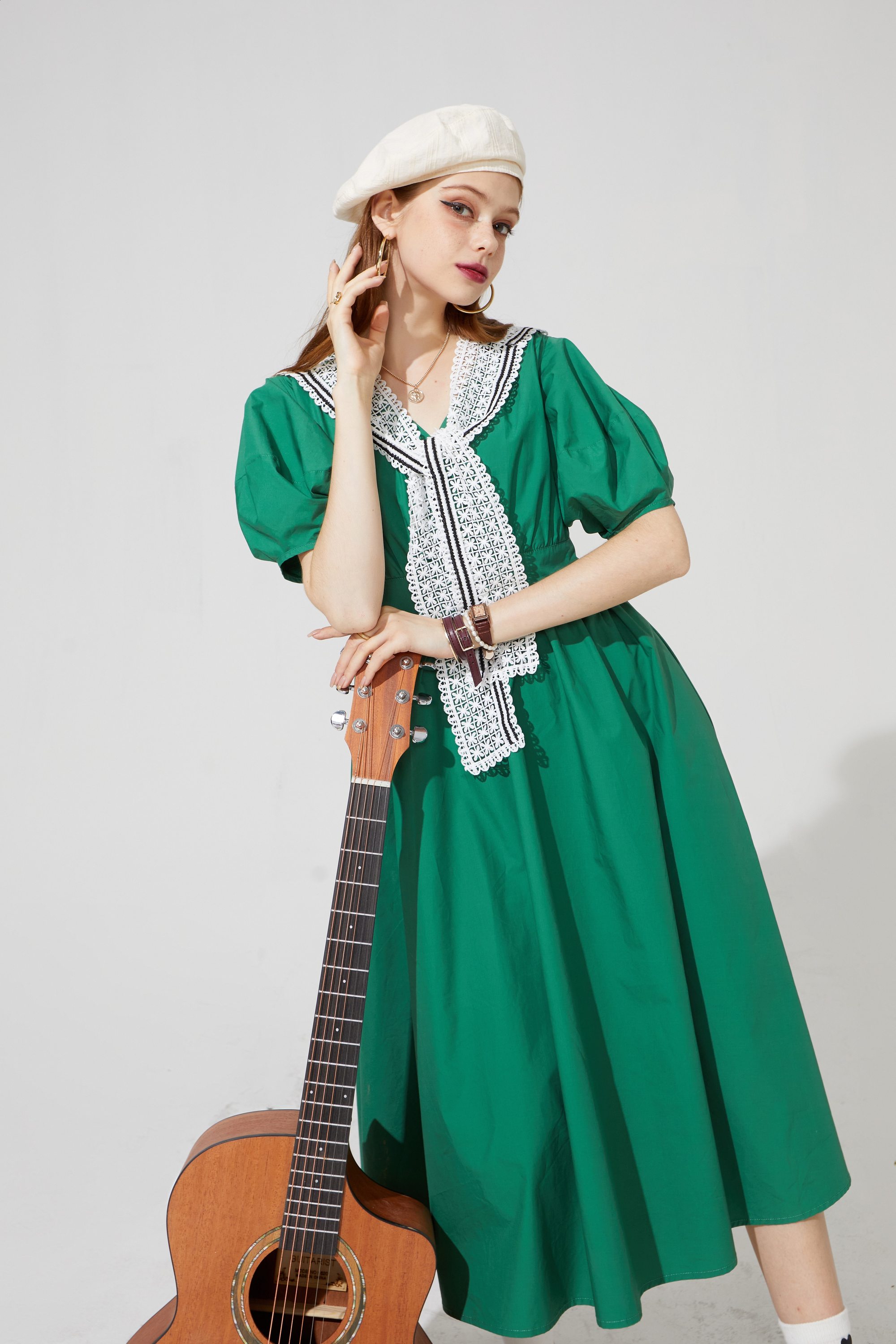 A stylish Solid Pure Casual Chic Vintage Dress for women featuring puff sleeves and a high waist design, perfect for summer parties.