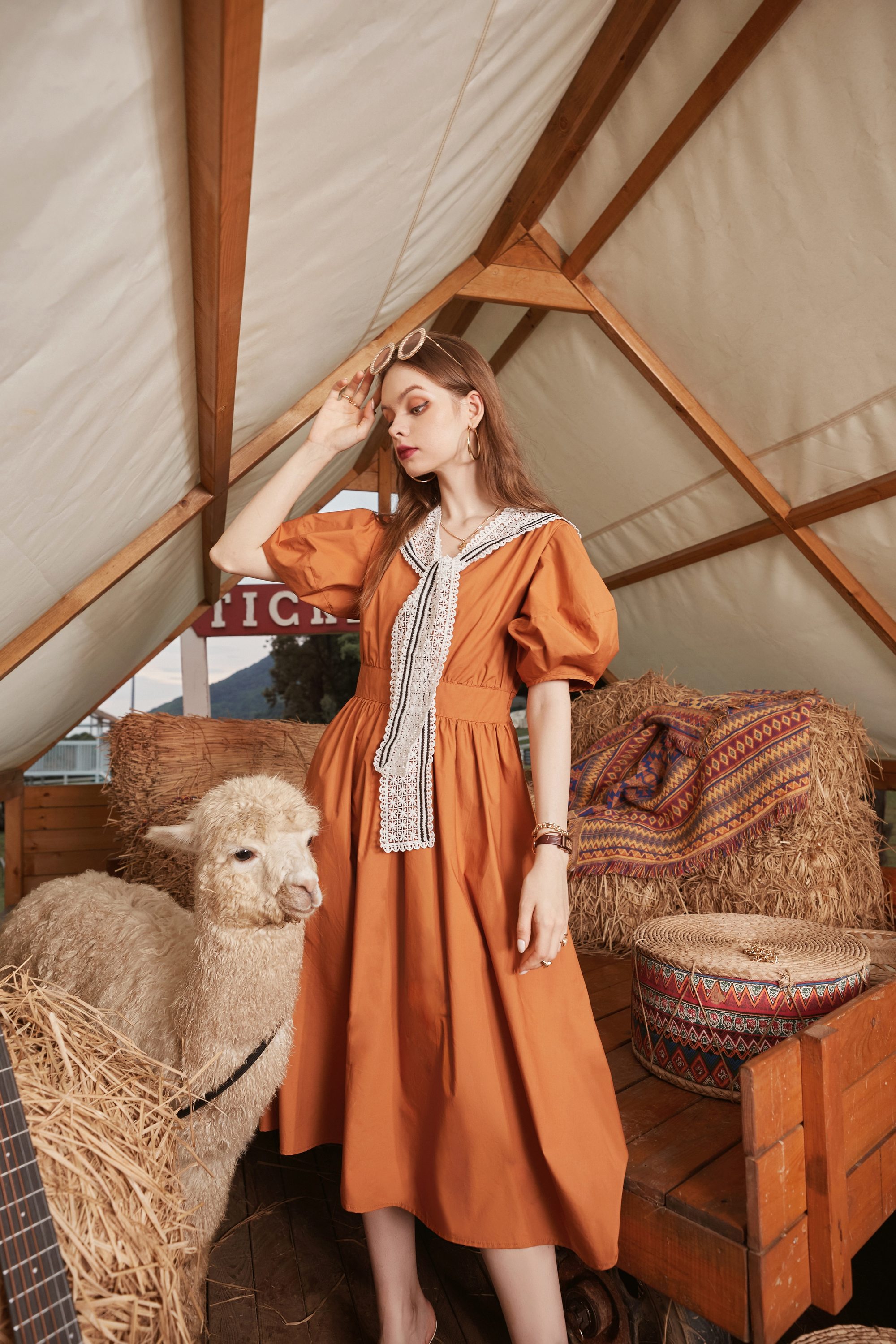 A stylish Solid Pure Casual Chic Vintage Dress for women featuring puff sleeves and a high waist design, perfect for summer parties.