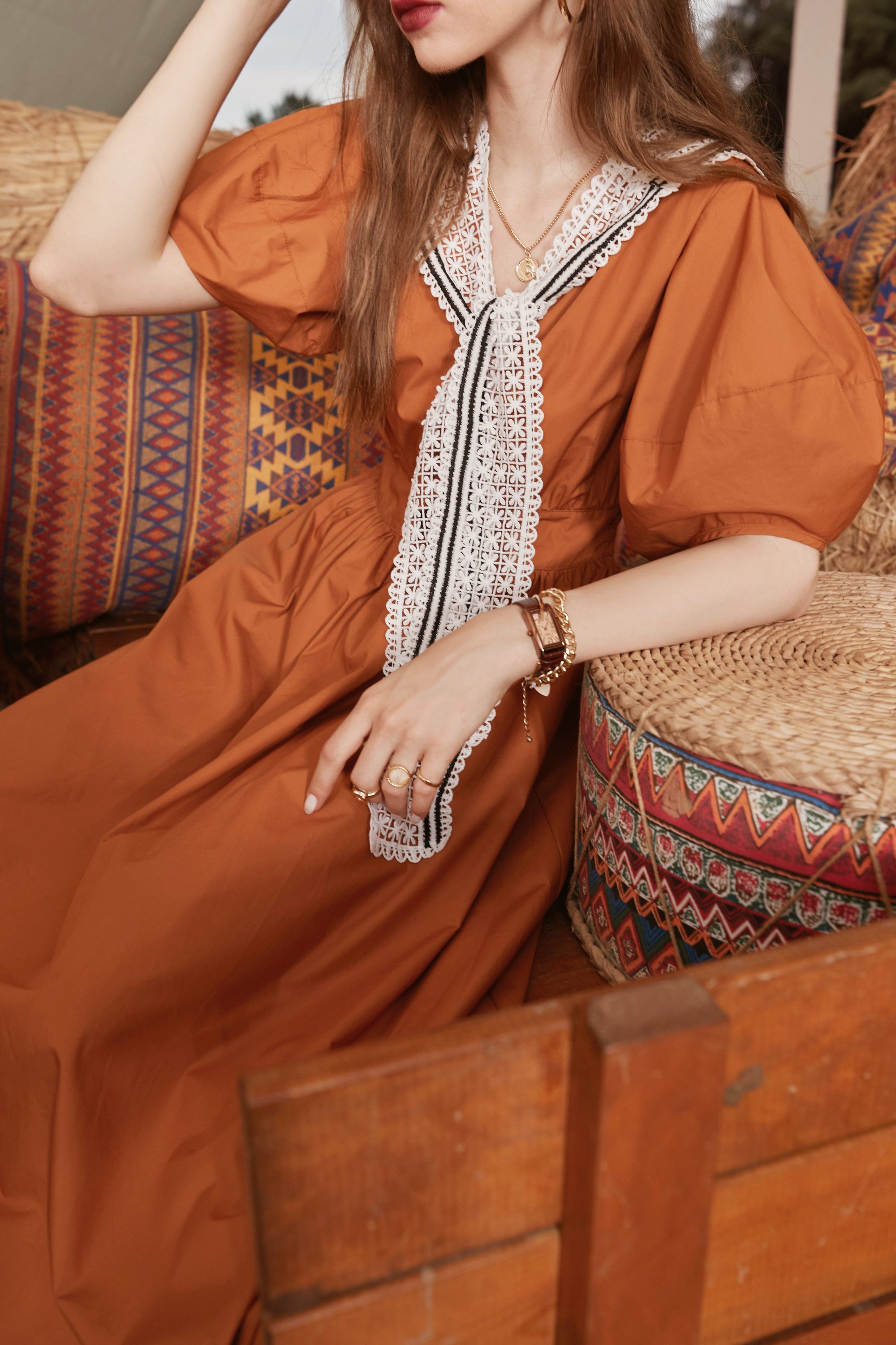 A stylish Solid Pure Casual Chic Vintage Dress for women featuring puff sleeves and a high waist design, perfect for summer parties.