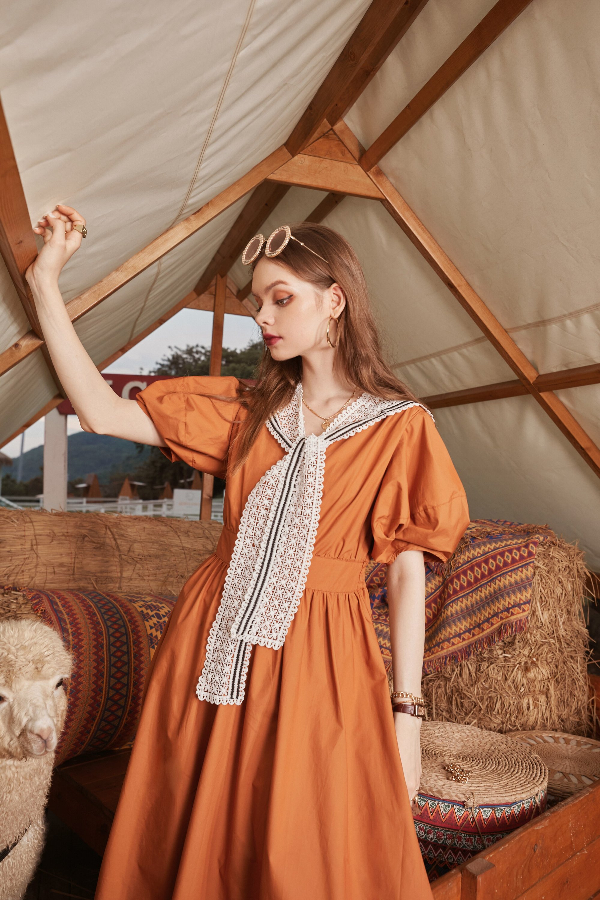 A stylish Solid Pure Casual Chic Vintage Dress for women featuring puff sleeves and a high waist design, perfect for summer parties.