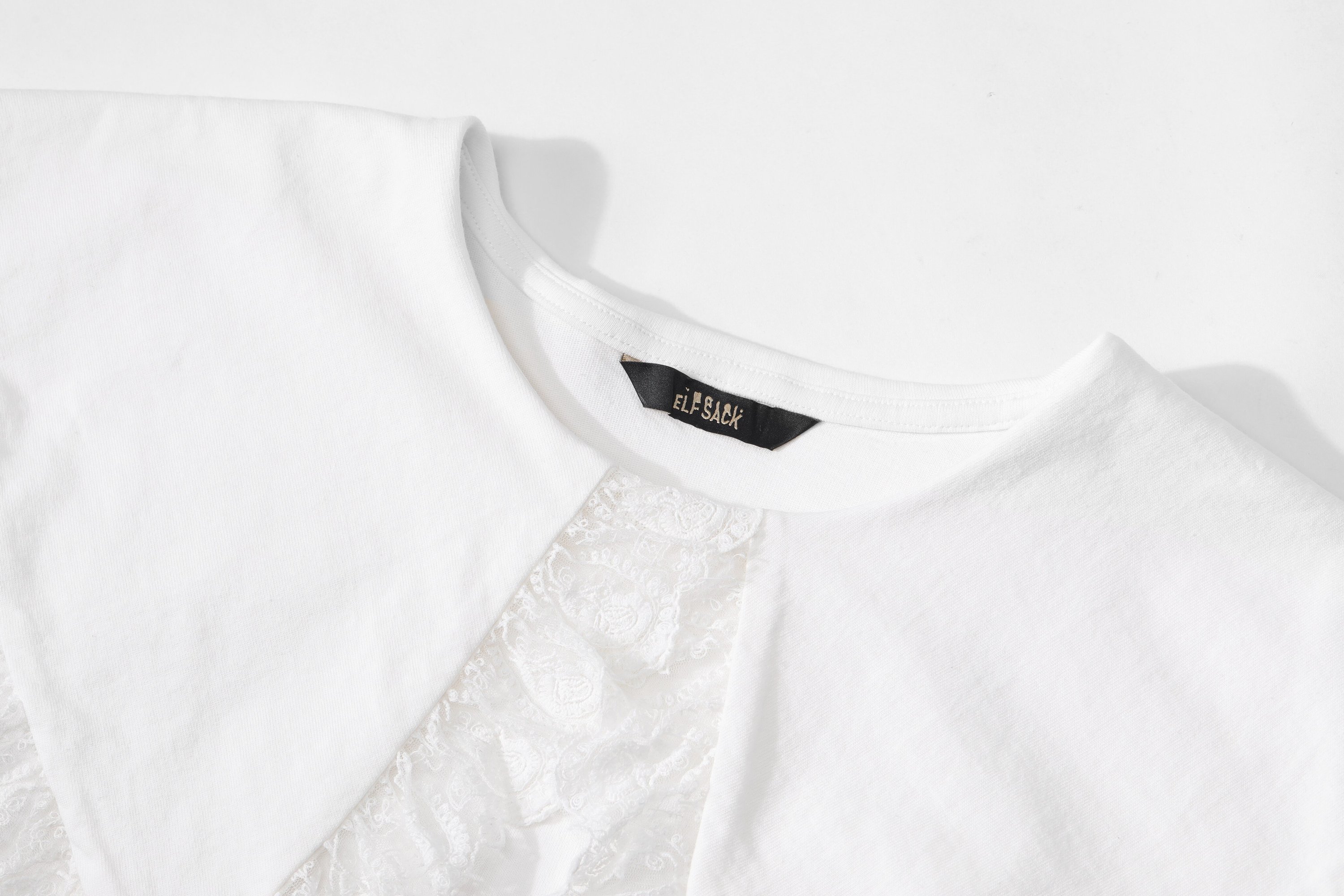Solid Pure Contrast Lace Casual T-Shirt for women, featuring a minimalist design with short sleeves and a turn-down collar in classic white.