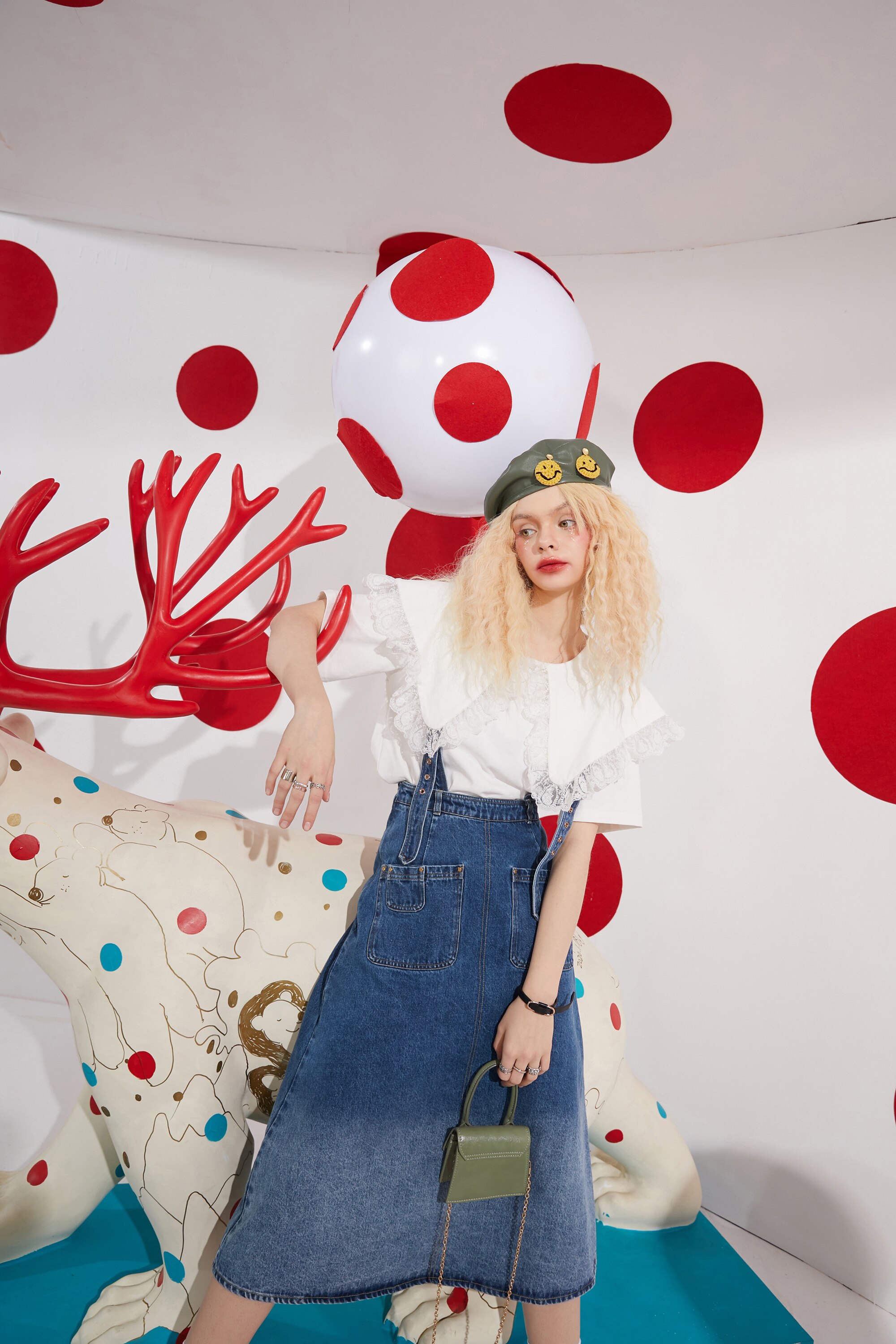 Solid Pure Gradient High Waist Casual Women Overall Skirt in blue denim, showcasing A-line silhouette and mid-calf length, perfect for spring fashion.