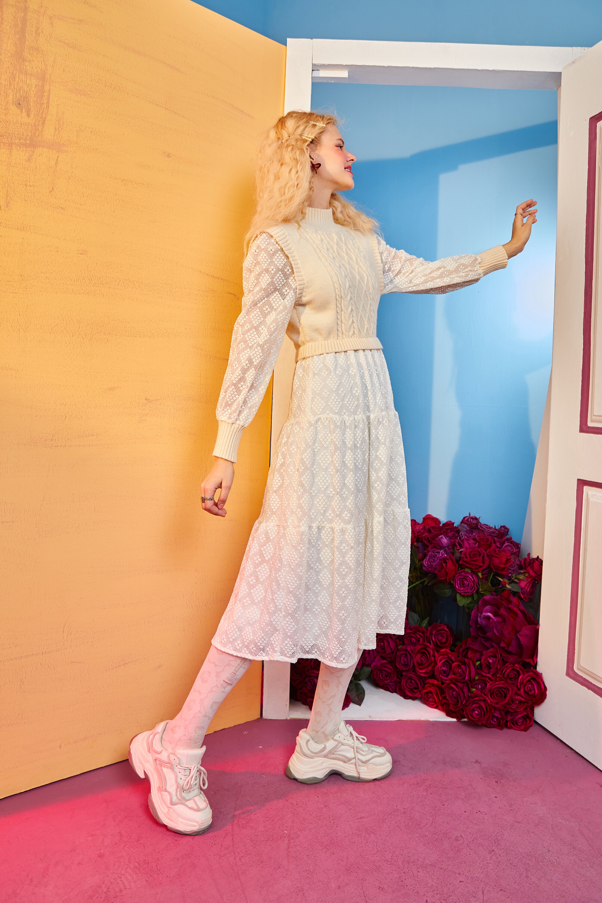 A stylish Solid Pure High Waist Casual Knit Midi Dress for women, featuring full sleeves and a ruffled neckline in a classic white color.