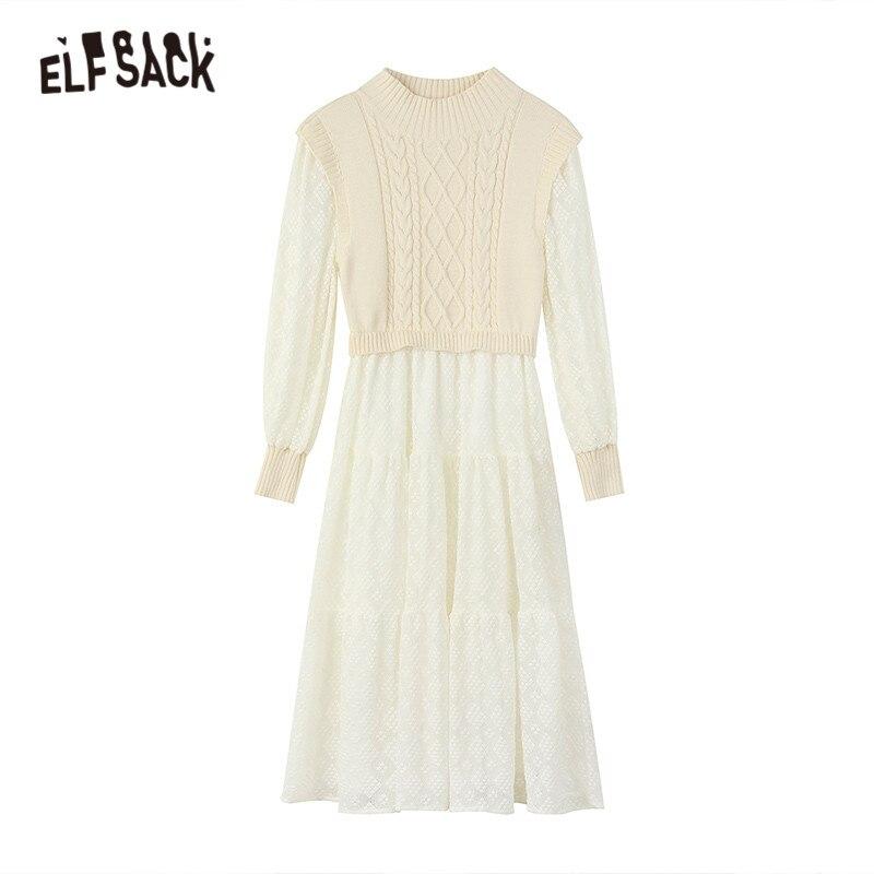 A stylish Solid Pure High Waist Casual Knit Midi Dress for women, featuring full sleeves and a ruffled neckline in a classic white color.