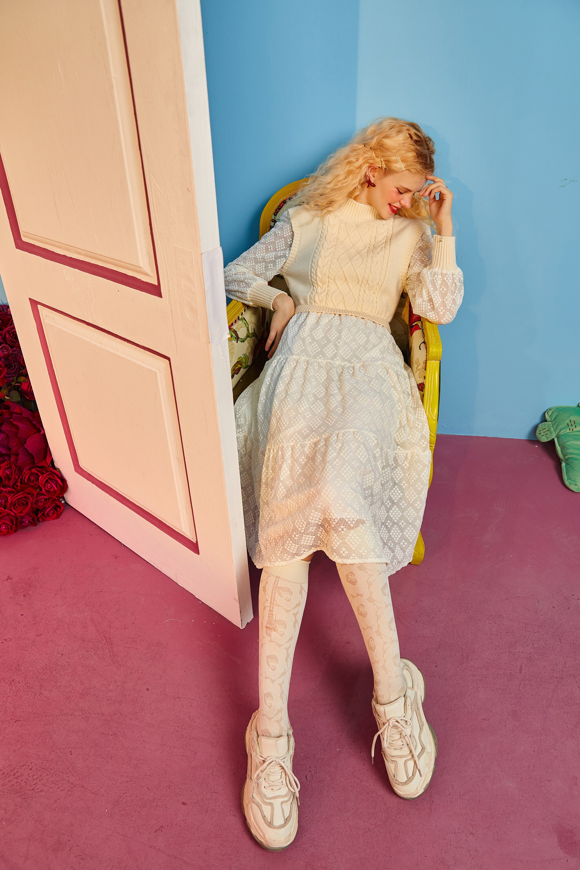 A stylish Solid Pure High Waist Casual Knit Midi Dress for women, featuring full sleeves and a ruffled neckline in a classic white color.