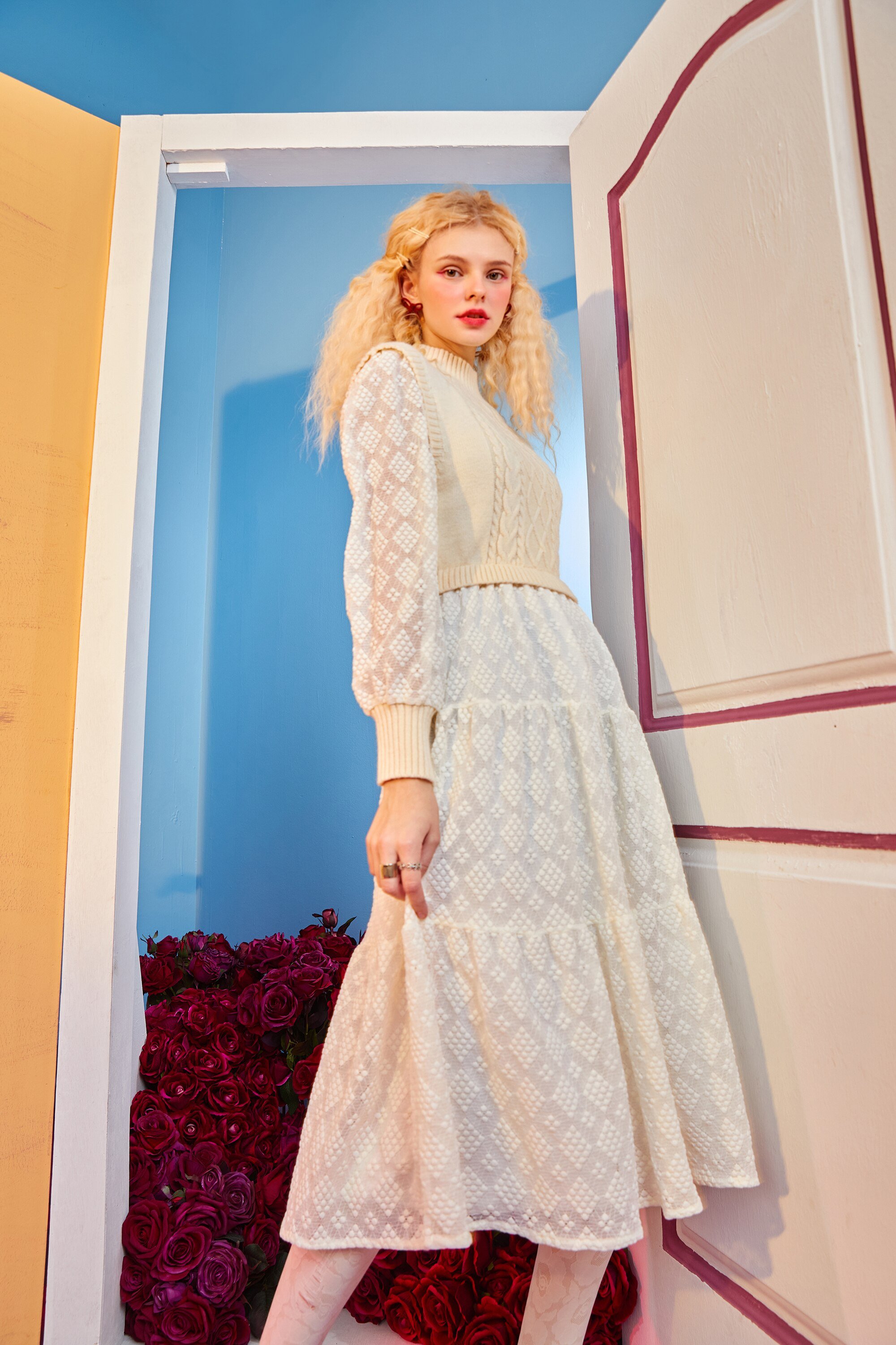 A stylish Solid Pure High Waist Casual Knit Midi Dress for women, featuring full sleeves and a ruffled neckline in a classic white color.