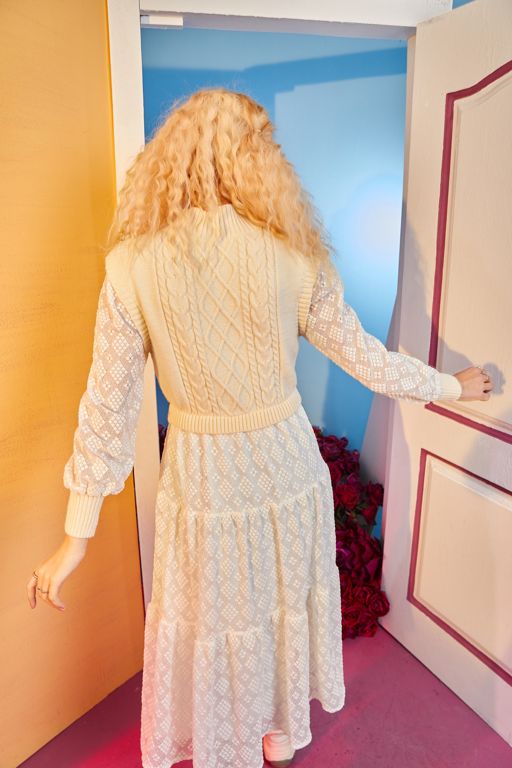 A stylish Solid Pure High Waist Casual Knit Midi Dress for women, featuring full sleeves and a ruffled neckline in a classic white color.