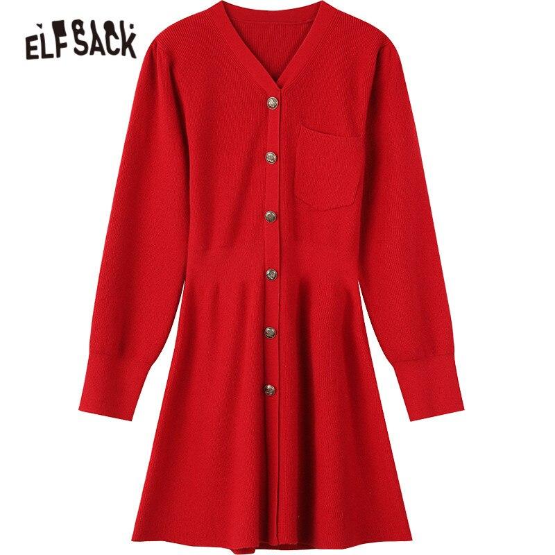 Solid Pure High Waist Casual Knit Mini Dress in black and red, featuring an A-line silhouette and O-neck design, perfect for spring and autumn.