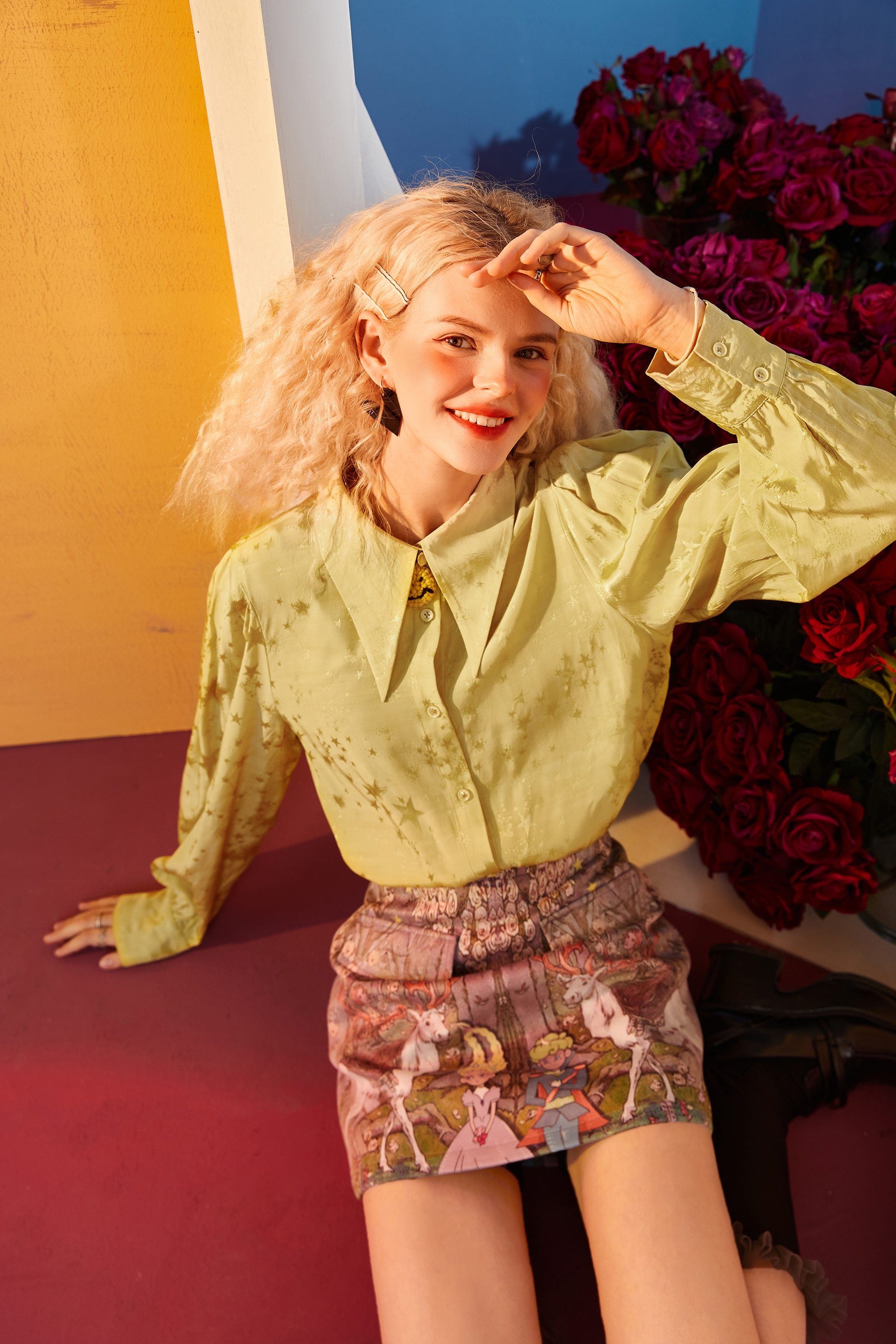 A stylish Solid Pure Single Breasted Casual Chiffon Shirt for women in green and yellow, showcasing its full sleeves and turn-down collar.