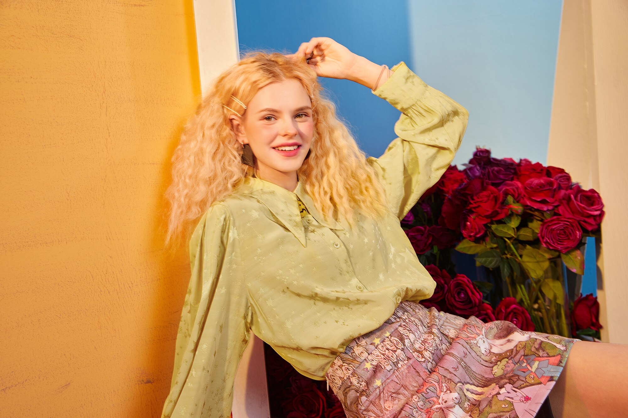 A stylish Solid Pure Single Breasted Casual Chiffon Shirt for women in green and yellow, showcasing its full sleeves and turn-down collar.