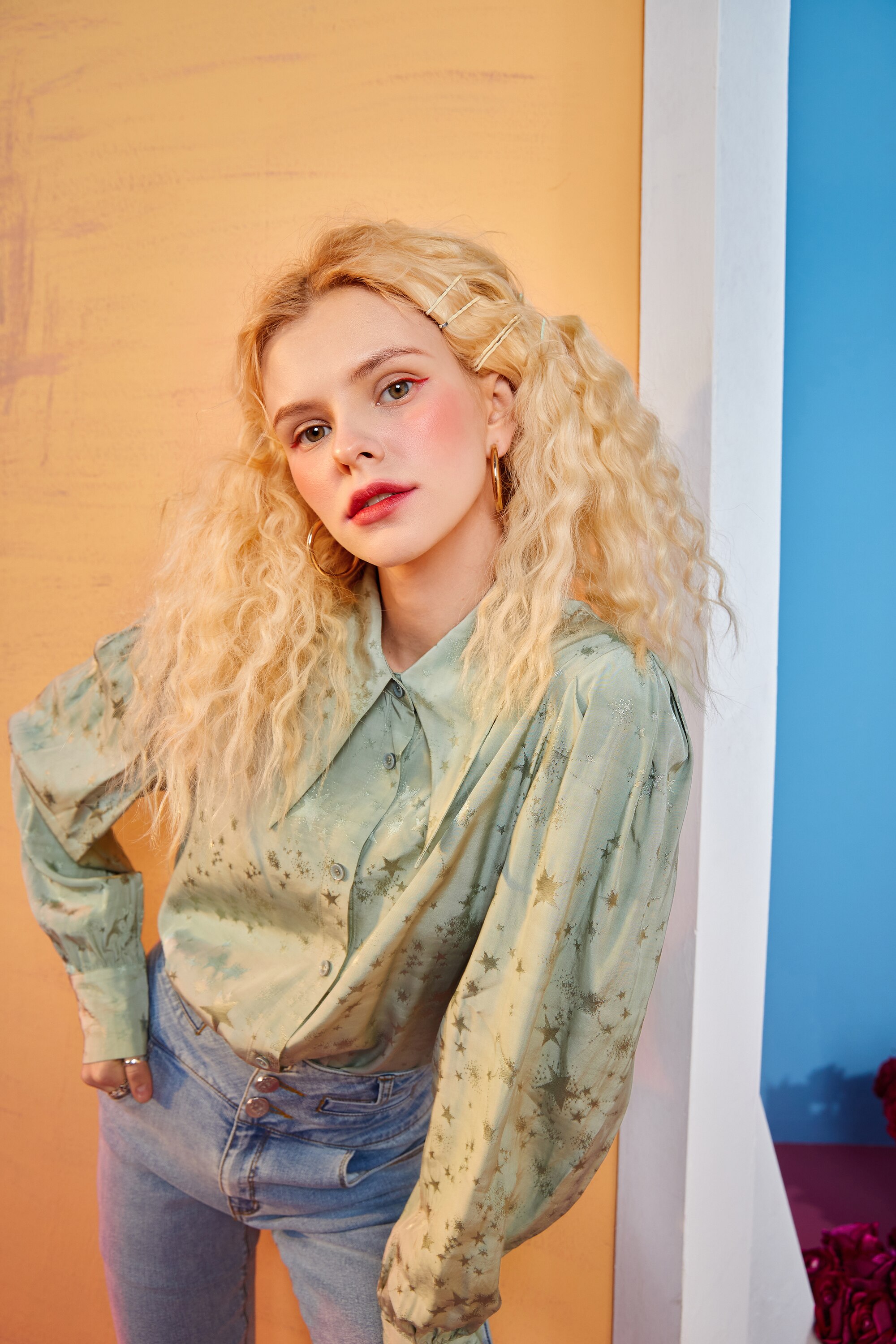 A stylish Solid Pure Single Breasted Casual Chiffon Shirt for women in green and yellow, showcasing its full sleeves and turn-down collar.