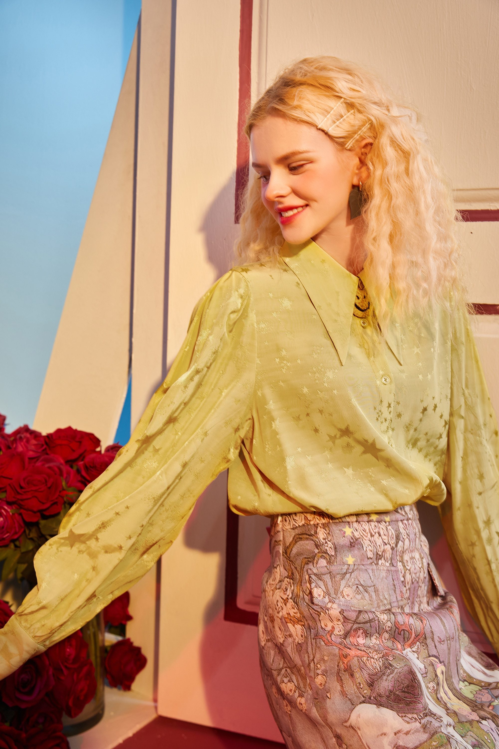 A stylish Solid Pure Single Breasted Casual Chiffon Shirt for women in green and yellow, showcasing its full sleeves and turn-down collar.